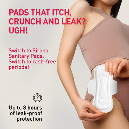Person holding a Sirona sanitary pad with promotional text on a light background