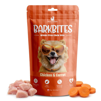 PETS EMPIRE BARKBITES Chicken & Carrot Dog Chew Sticks | Grain-Free Soft Dog Treats | High Protein Training Snacks | Made with Real Chicken & Carrot | Healthy & Digestive Support | 100g