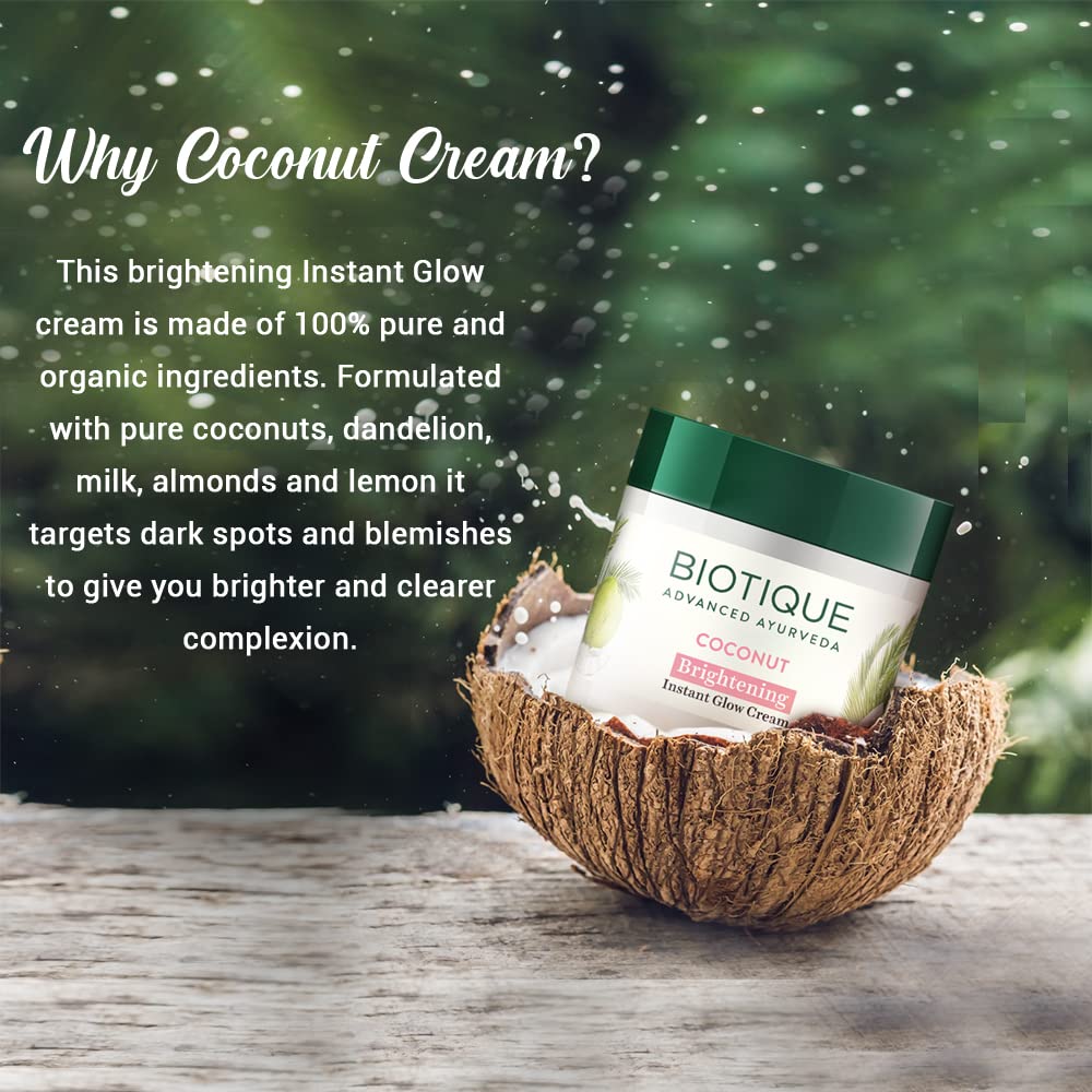 Biotique coconut cream jar in a coconut shell with text about its ingredients and benefits.
