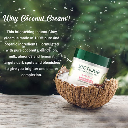 Biotique coconut cream jar in a coconut shell with text about its ingredients and benefits.