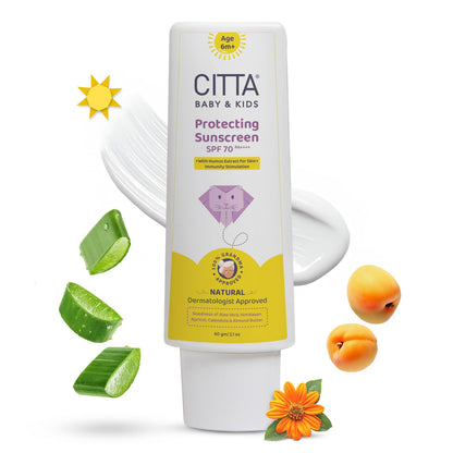 CITTA Baby & Kids Sunscreen SPF 70 PA++++ | UVA/UVB/Digital Blue Light Protection | Hypoallergenic & Non-Greasy | Dermatologist Approved | With Humus Extract for Skin Immunity | Paraben-Free | 60g