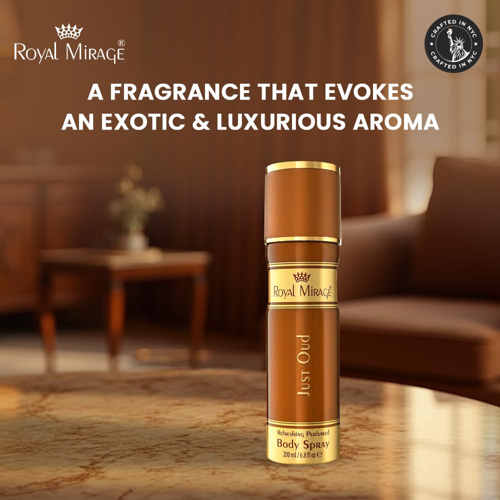 Royal Mirage Just Oud body spray on a table with a blurred background