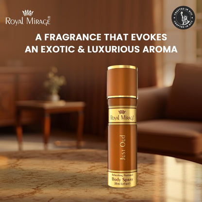 Royal Mirage Just Oud body spray on a table with a blurred background