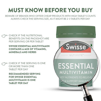 Zephivo Swisse Essential Multivitamin For Men & Women, 30 Tablets - Vegan Certified Multivitamin with 100% RDA of Vitamin B, Vitamin E, Biotin & Minerals - Australia's No. 1 Multivitamin Brand