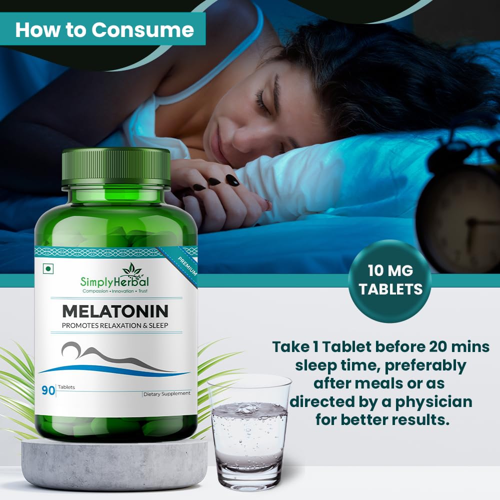 Simply Herbal Melatonin 10mg Sleeping Tablet, Non-Habit Forming, Deep Sleep Supplement, Helps Stress & Anxiety Relief, Support Jet Lag Strain for Men Women Adults, Healthy Sleep Cycle (60 Tablets)