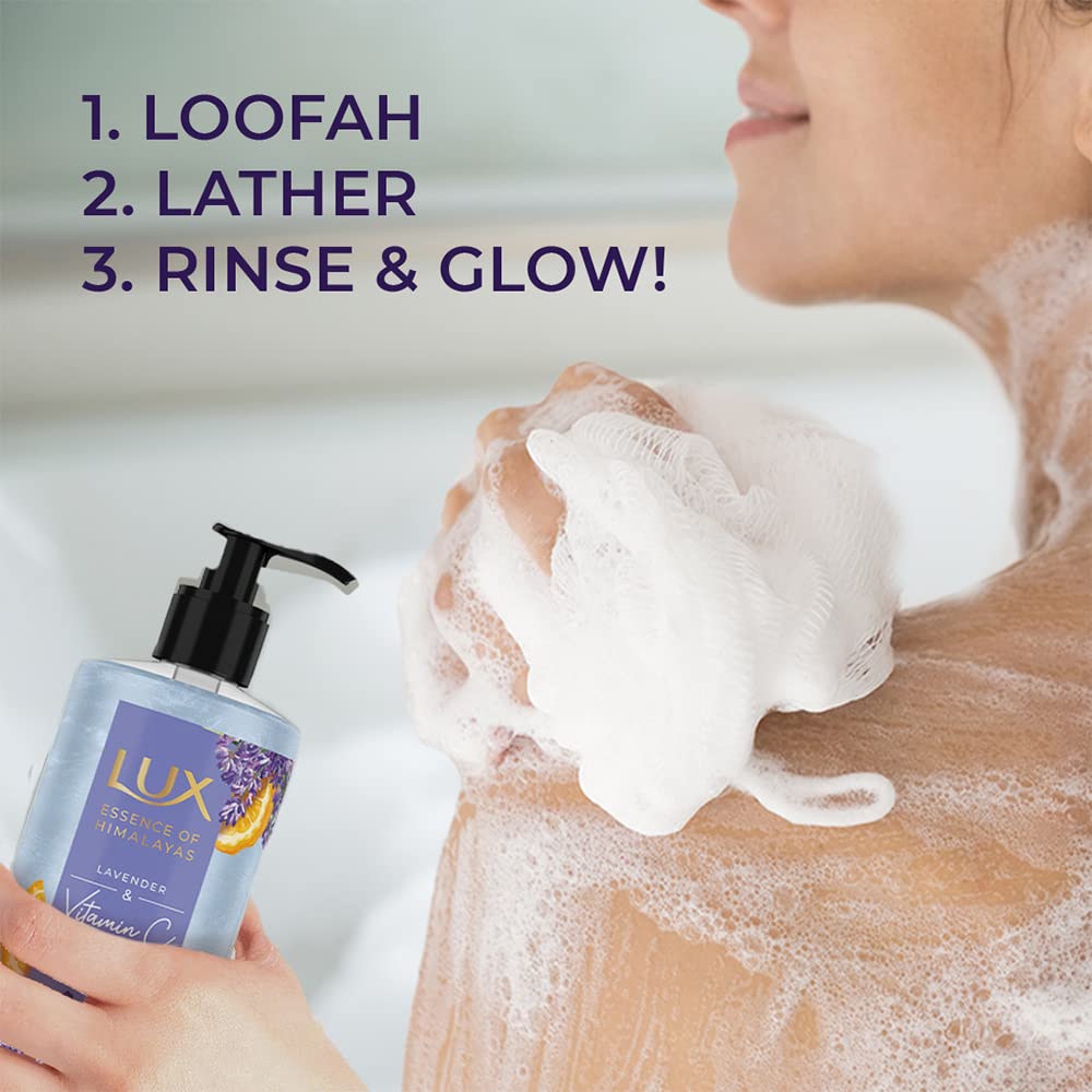 Person using a loofah with LUX body wash, showing steps for skin care.