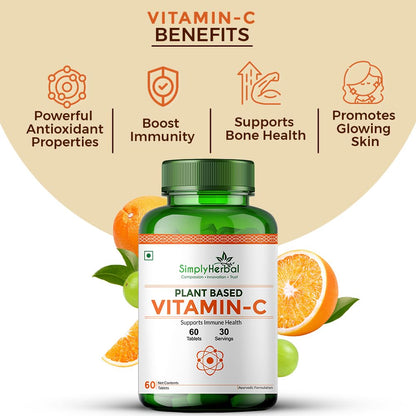 Simply Herbal Plant Based Vitamin C Tablet for Glowing Skin & Face, Ascorbic Acid, Amla Extract, Skin Glowing Supplement Promote Beauty & Health for Men & Women - 60 Tablets