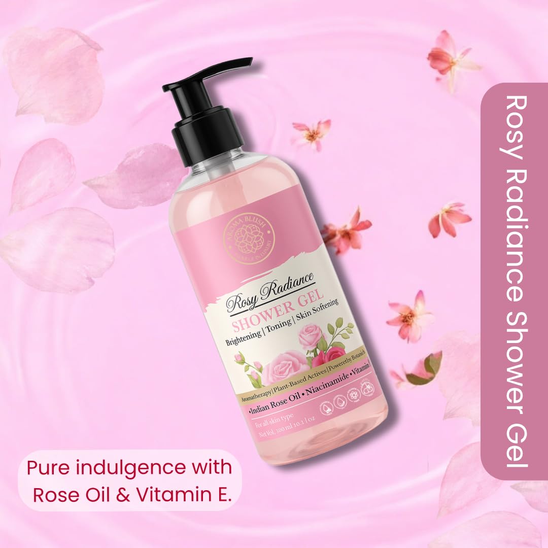 Rosy Radiance Shower Gel bottle on a pink floral background