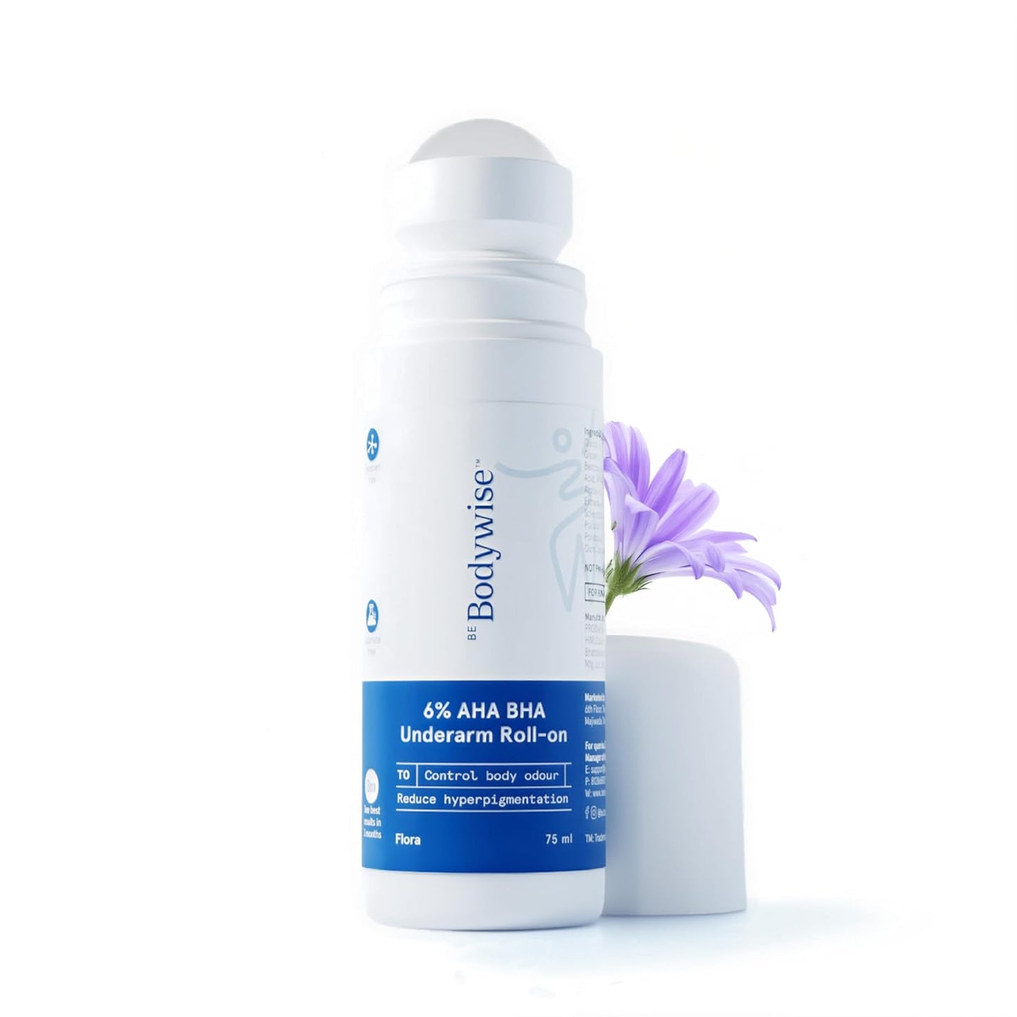 Be Bodywise 6% AHA BHA Underarm Roll-on Deodorant for Even Tone Skin,Reduces Body Odor & Pigmentation | 1% Mandelic, 4% Lactic, 1% Salicylic & Kojic Acid, Alcohol & Aluminum Free |Flora Fragrance,75ml