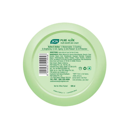 Joy Pure Aloe Light Moisturiser Skin Cream for Face, Hands & Body (500ml) | 48H Hydration | Non-Sticky | Soothing, Brightening & UV Protection | For Dry to Oily Skin