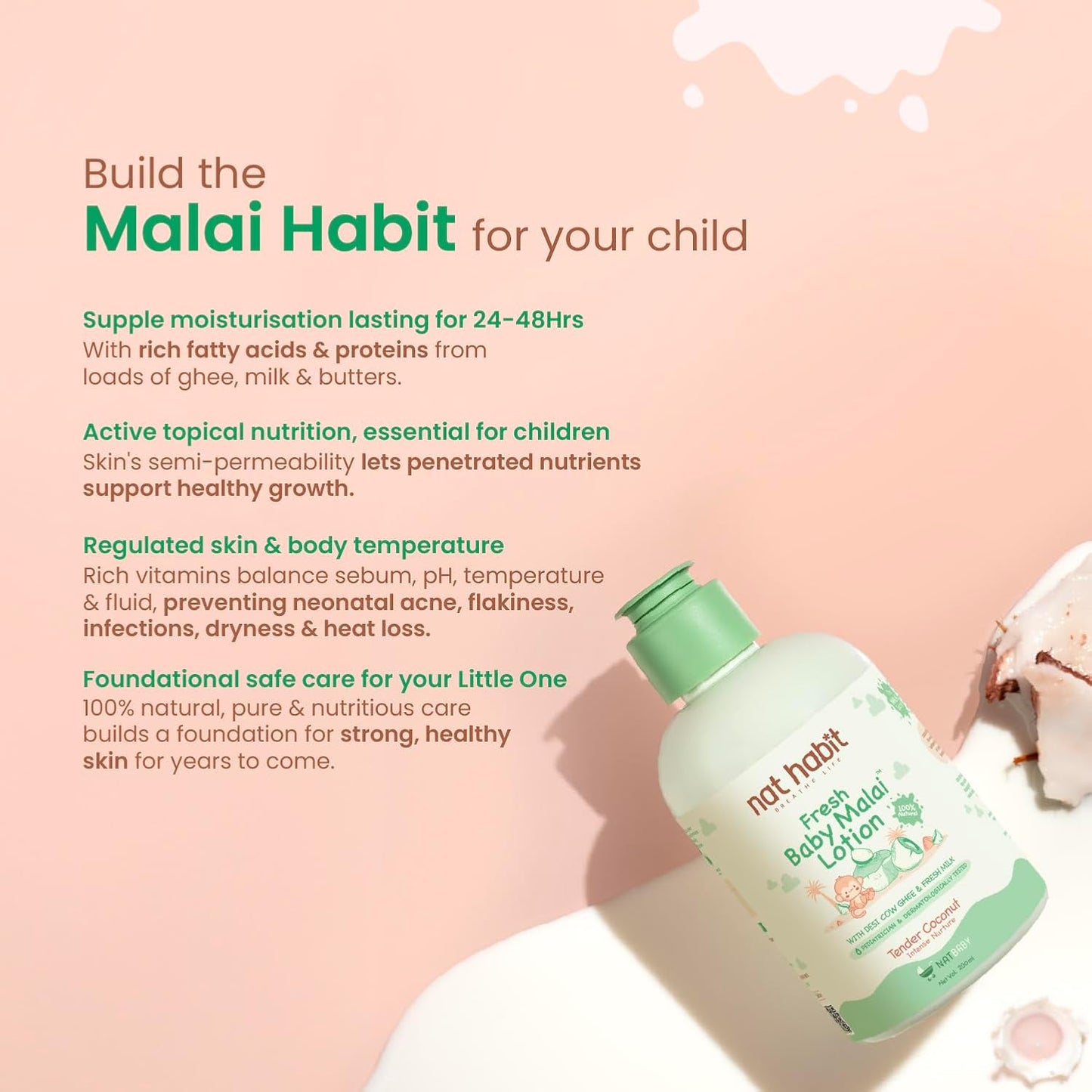 Nat Habit Baby Malai Lotion |Tender Coconut| Baby Body Lotion for Intense Nurture, Moisturizer for Deep Nourishment & Skin Barrier Protection | 100% Natural, Chemical-Free Baby Cream | 200ml