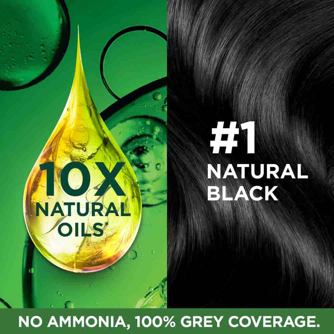 Hair product with oil droplet graphic and text about natural oils and gray coverage on a green background.