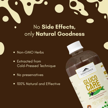 Bottle of 'Rasayanam Gluco Care' with product details on a brown background
