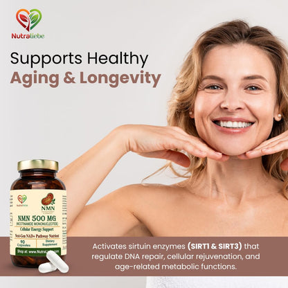 Nutraliebe NMN (β-Nicotinamide Mononucleotide) 500 mg – NAD+ Precursor for Cellular Energy, Anti-Aging & DNA Repair | Supports Brain, Metabolism & Mitochondrial Health | 90 Veg Capsules | Non-GMO & Gluten-Free