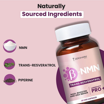 ZEROHARM NMN + Trans-Resveratrol 500 mg | High-Purity 99.5% NMN | Supports Healthy Aging, Cellular Energy, NAD+ Levels, Skin Health, Joint Support, Antioxidant | For Men & Women - 30 Veg Capsules