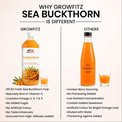Growfitz Himalayan Sea Buckthorn Pulp Concentrate 1L | Cold-Pressed | Makes 160 Glasses, Natural Vitamin C, Omega 3 6 7 9, Antioxidants | Immunity, Skin Glow & Gut Health Support | Seabuckthorn Juice