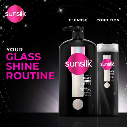 Sunsilk hair care products with 'Your Glass Shine Routine' text on a dark background