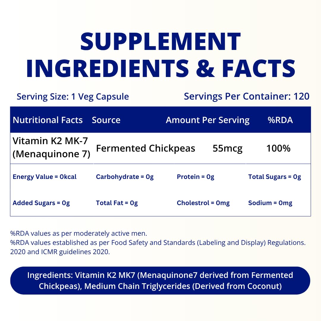 Vitamin K2 MK7 (Menaquinone-7) 55mcg 120 Veg Capsules Plant Based Vitamin K2 Supplement with MCT Powder for higher absorption - K2 MK7 Supports Strong Bones & Heart Health for Men & Women