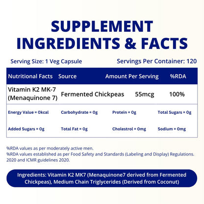 Vitamin K2 MK7 (Menaquinone-7) 55mcg 120 Veg Capsules Plant Based Vitamin K2 Supplement with MCT Powder for higher absorption - K2 MK7 Supports Strong Bones & Heart Health for Men & Women
