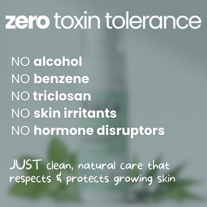 Zero toxin tolerance statement with a blurred background of plants and water.