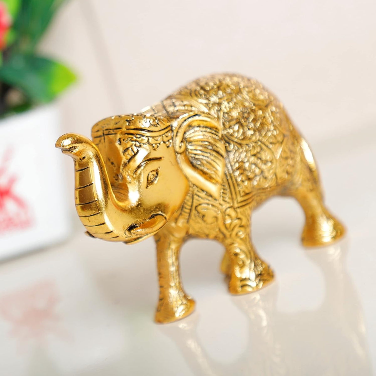 Kalakriti Metal Elephant Statue Small Size Gold Polish 2 pcs Set Enhance Your Home | Car | Office | Table | Article | Animal Decorative Showpiece Figurines for Best Gifting (15X9X4 CM), Golden