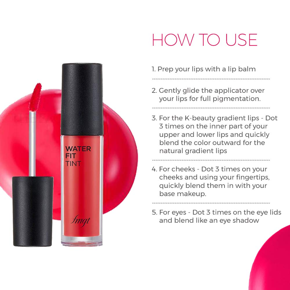 Lip tint with applicator and usage instructions on a white background