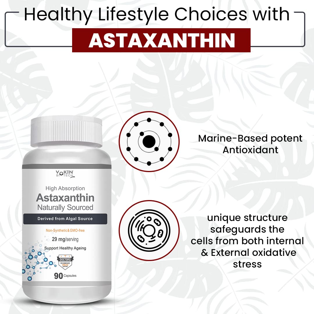 Yokine Astaxanthin supplement bottle with text about health benefits on a light gray background