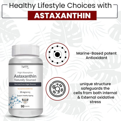 Yokine Astaxanthin supplement bottle with text about health benefits on a light gray background