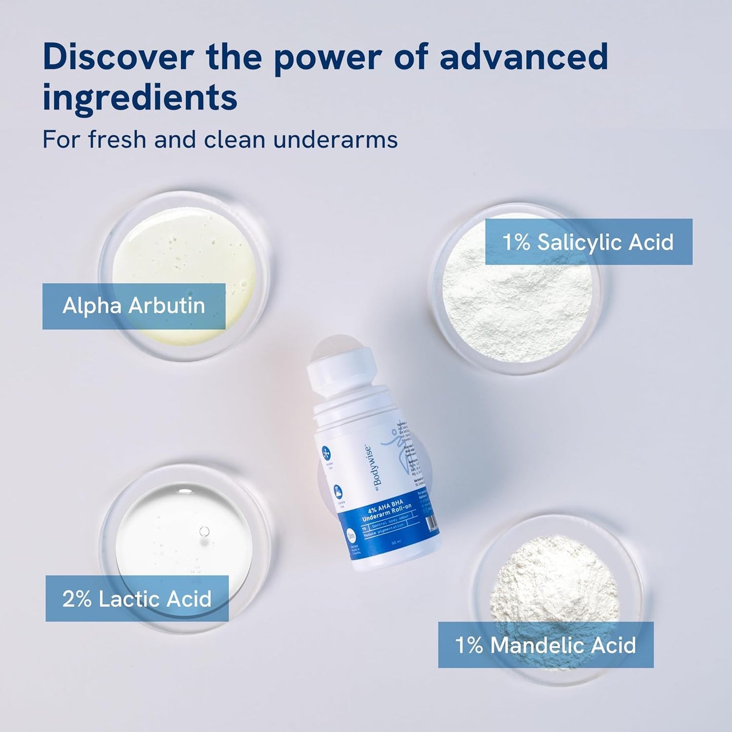 Be Bodywise 4% Aha Bha Underarm Roll On 50ml | 2% Lactic Acid, 1% Mandelic Acid, 1% Salicylic Acid | Controls Odour & Reduces Pigmentation | 0% Alcohol & 0% Aluminium | Aqua Fragrance