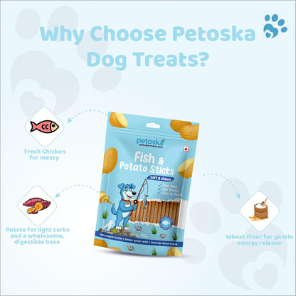 PETOSKA Potato Fish Sticks- 100gms | Crunchy Dog Treats | Dog Treats with Fish & Potato | Highly Nutritious | Easy to Digest | Dental Hygiene | Suitable for All Dog Breeds | Pack of 1
