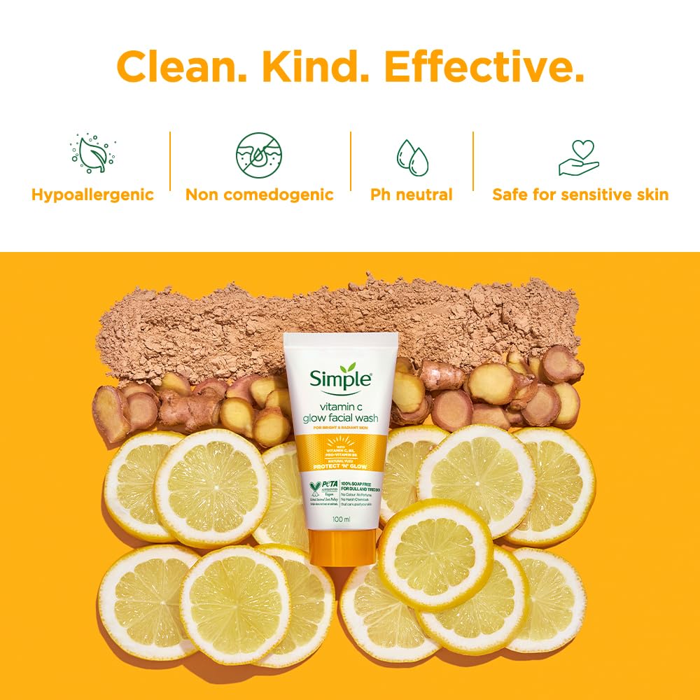Simple vitamin C face wash with lemons and brown powder on a yellow background