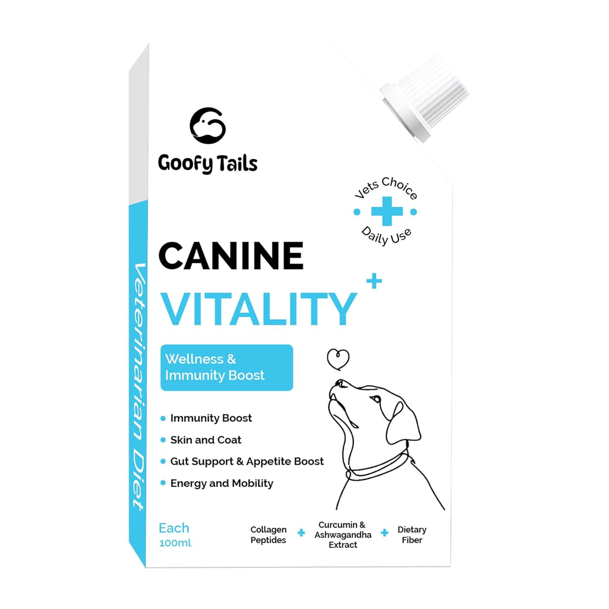 Goofy Tails Canine Vitality+ (100Mlx1Pack) Dog Immuity Booster, Dog Coat Supplement, Gut Supplement, Boosted with Curcuminoids, Ashwagandha, Prebiotics & Collagen for Dogs