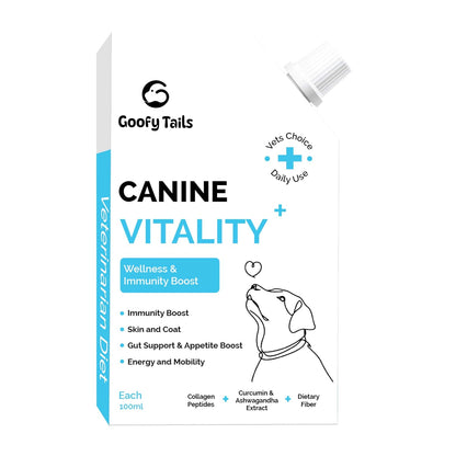 Goofy Tails Canine Vitality+ (100Mlx1Pack) Dog Immuity Booster, Dog Coat Supplement, Gut Supplement, Boosted with Curcuminoids, Ashwagandha, Prebiotics & Collagen for Dogs