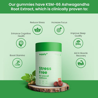 SUPPLY6 Stress Free Gummies with world's strongest KSM-66 Ashwagandha | Sleep Quality, Stress Relief, Boost Performance | Mixed Berry, Plant Based, Gluten-Free & Gelatin Free, 60 Gummies