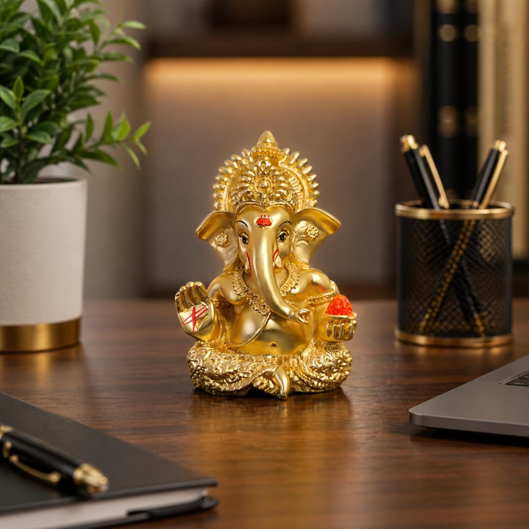 Gold Art India Gold Plated Satin Ganesha/Vinayaka/Vinayagar/Pillayar Idol - Versatile Car Dashboard and Home/Office Decor (MUKUTSATINGOLD 3.5")