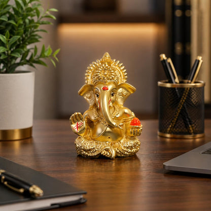 Gold Art India Gold Plated Satin Ganesha/Vinayaka/Vinayagar/Pillayar Idol - Versatile Car Dashboard and Home/Office Decor (MUKUTSATINGOLD 3.5")