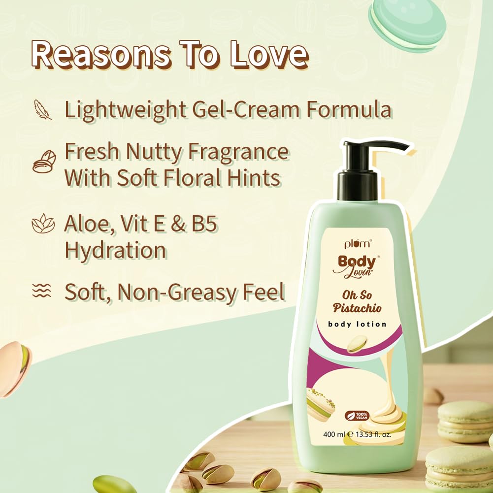 Plum BodyLovin’ Pistachio Body Lotion | Fresh Nutty Pistachio & Hazelnut Notes | Gel-Cream Formula with Aloe, Vitamin E & B5 | Deep Moisturization & Fast Absorption | Non - Greasy | For Dry–Very Dry Skin | 400 ml