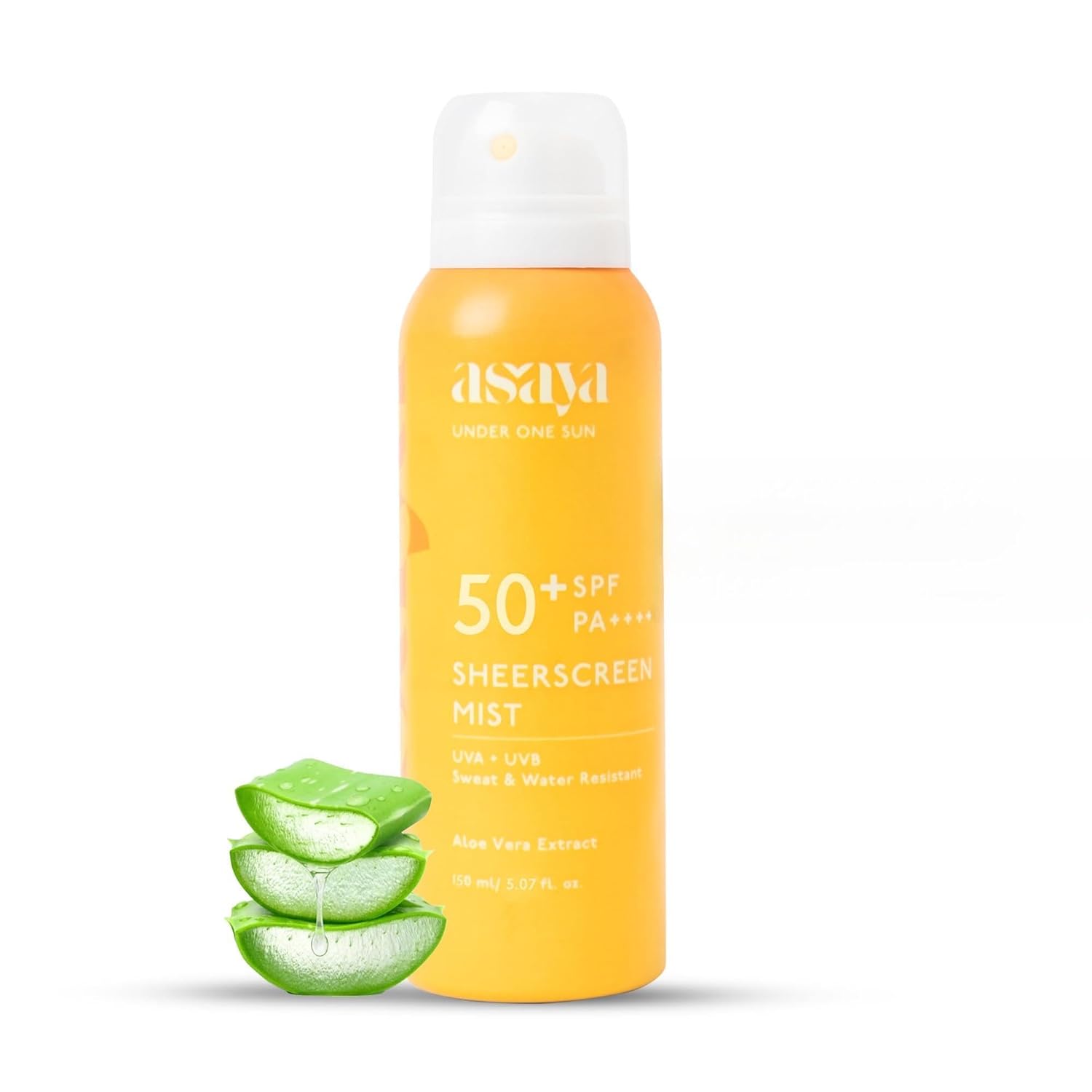 Asaya sunscreen mist bottle with aloe vera leaves on a white background