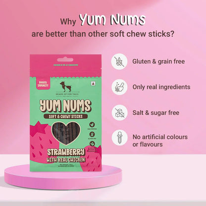 Yum Nums by HUFT Soft & Chewy Sticks - 70gm | Strawberry & Chicken | Dog Treats for Puppy & Adult Dogs | Training Treats for Small Dogs | Dog Snacks & Treats | Healthy & Tasty