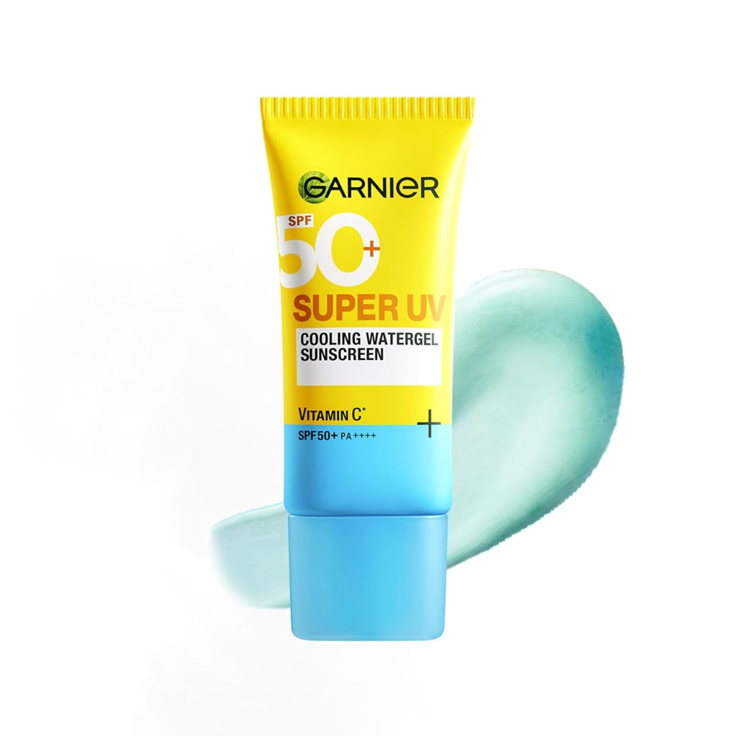 Garnier Super UV sunscreen tube with yellow label and blue base on a white background