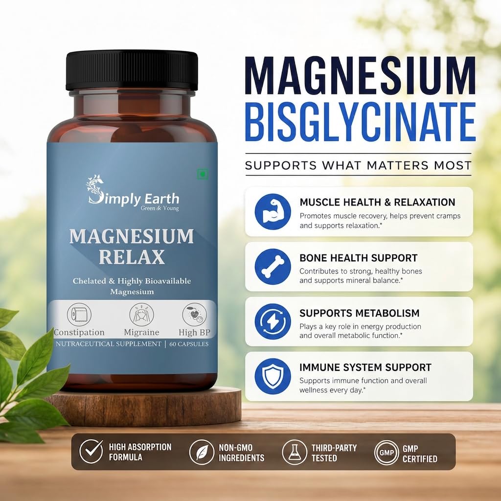 Simply Earth Magnesium Bisglycinate 1500 MG(Elemental 315) Most Bioavailable Magnesium for Sleep, Muscle, Bone & Heart Support | Supports Sleep, Recovers Muscles with Vitamin B6-60 Capsules