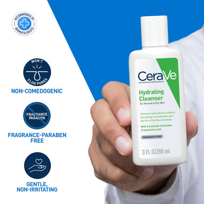 CeraVe Hydrating Cleanser For Normal To Dry Skin (88ml) - Non-Foaming Face Wash with Hyaluronic Acid And Ceramides | Non-Comedogenic, Non-Irritating And Fragrance-Free Cleanser