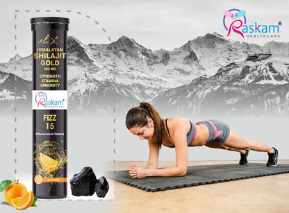 Himalayan Shilajit Gold supplement with a woman doing push-ups against a mountain background