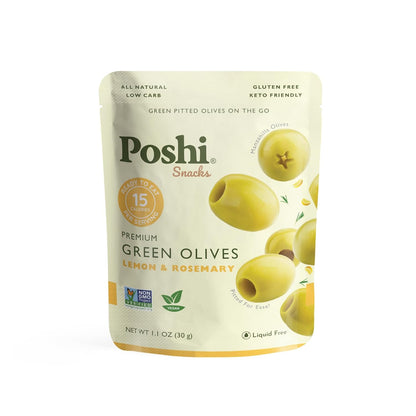 Poshi Green Olives On-The-Go - Single Serve Pitted Olives - Convenient and Healthy Snack Packs - All Natural, Non-GMO, Kosher, Gluten-Free - 1.1 Oz