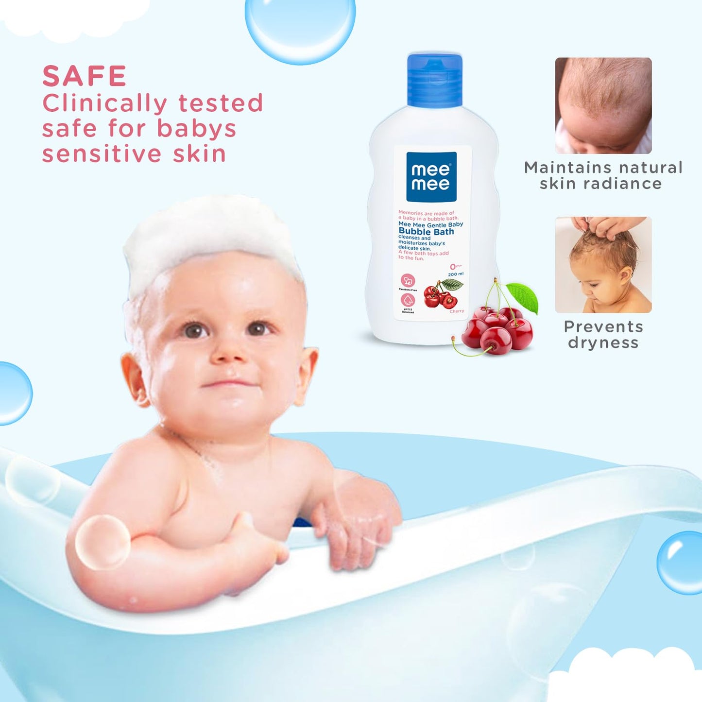 Mee Mee Baby Body Wash 200ml with Cherry & Fruit Extracts | Tear-Free, Mild & Moisturizing | Paraben-Free, Dermatologically Tested, pH Balanced | Gentle Head-to-Toe Bubble Bath for All Skin Types