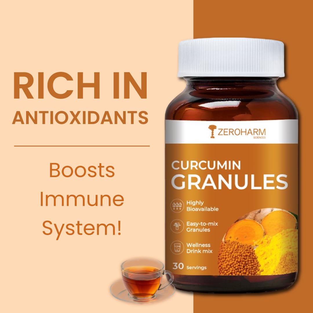 ZEROHARM Curcumin Granules from Turmeric | Easy-Mix Golden Wellness Drink for Immunity & Skin Health | Highly Bioavailable | No Mess, No Powder | Tea & Coffee Alternative for Men & Women | 100 Grams