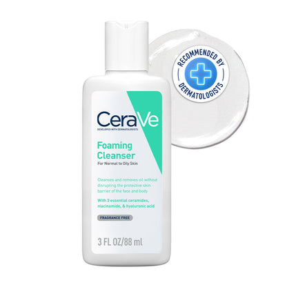 CeraVe Foaming Cleanser bottle with a dermatologist recommendation label on a white background
