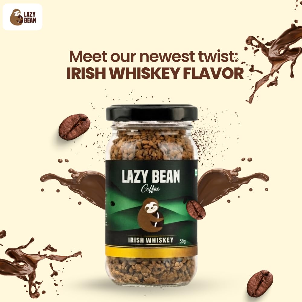 Lazy Bean Irish Whiskey Flavoured Instant Coffee | 100% Arabica Coffee | Medium Roast | Rich Whiskey-Inspired Aroma | Premium Flavoured Coffee Powder | Café Style Beverage | No Alcohol | 50g