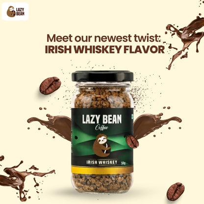 Lazy Bean Irish Whiskey Flavoured Instant Coffee | 100% Arabica Coffee | Medium Roast | Rich Whiskey-Inspired Aroma | Premium Flavoured Coffee Powder | Café Style Beverage | No Alcohol | 50g