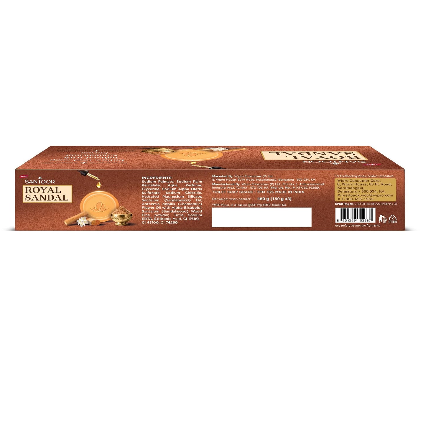 Santoor Royal Sandal Detan Pack | 3 Soaps (150g Each) | 100% Sandalwood Oil & Powder | 3-Step Natural Detan | Reduces tan, Improves complexion, Even Skin Tone & Glow